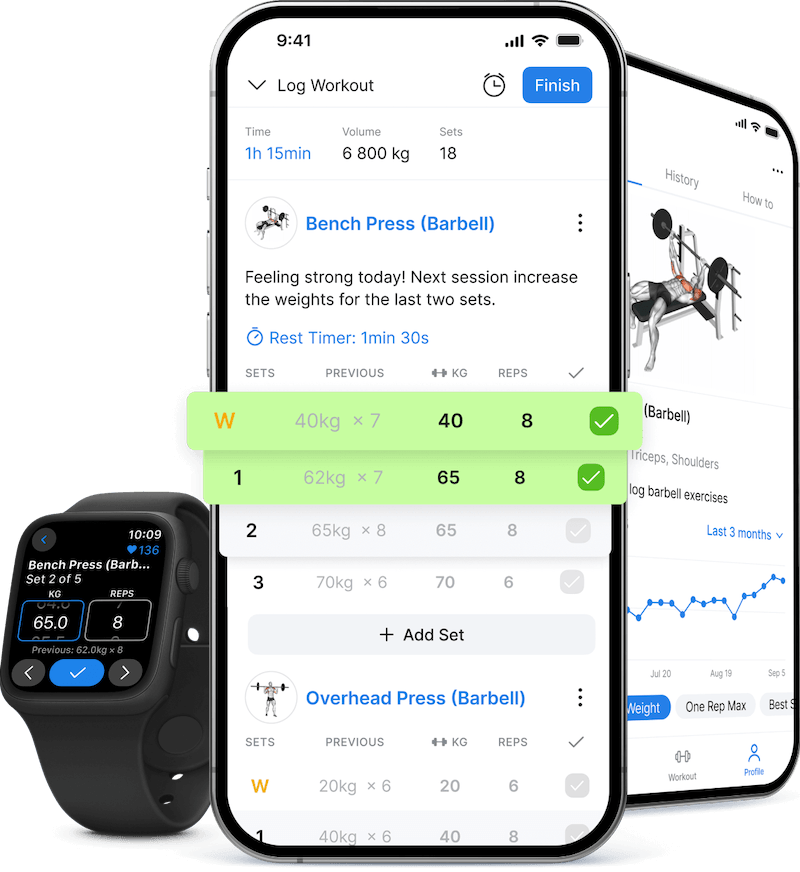 Así se ve tu rutina en la app Hevy: series, pesos, repeticiones y temporizador de descanso, también en el reloj